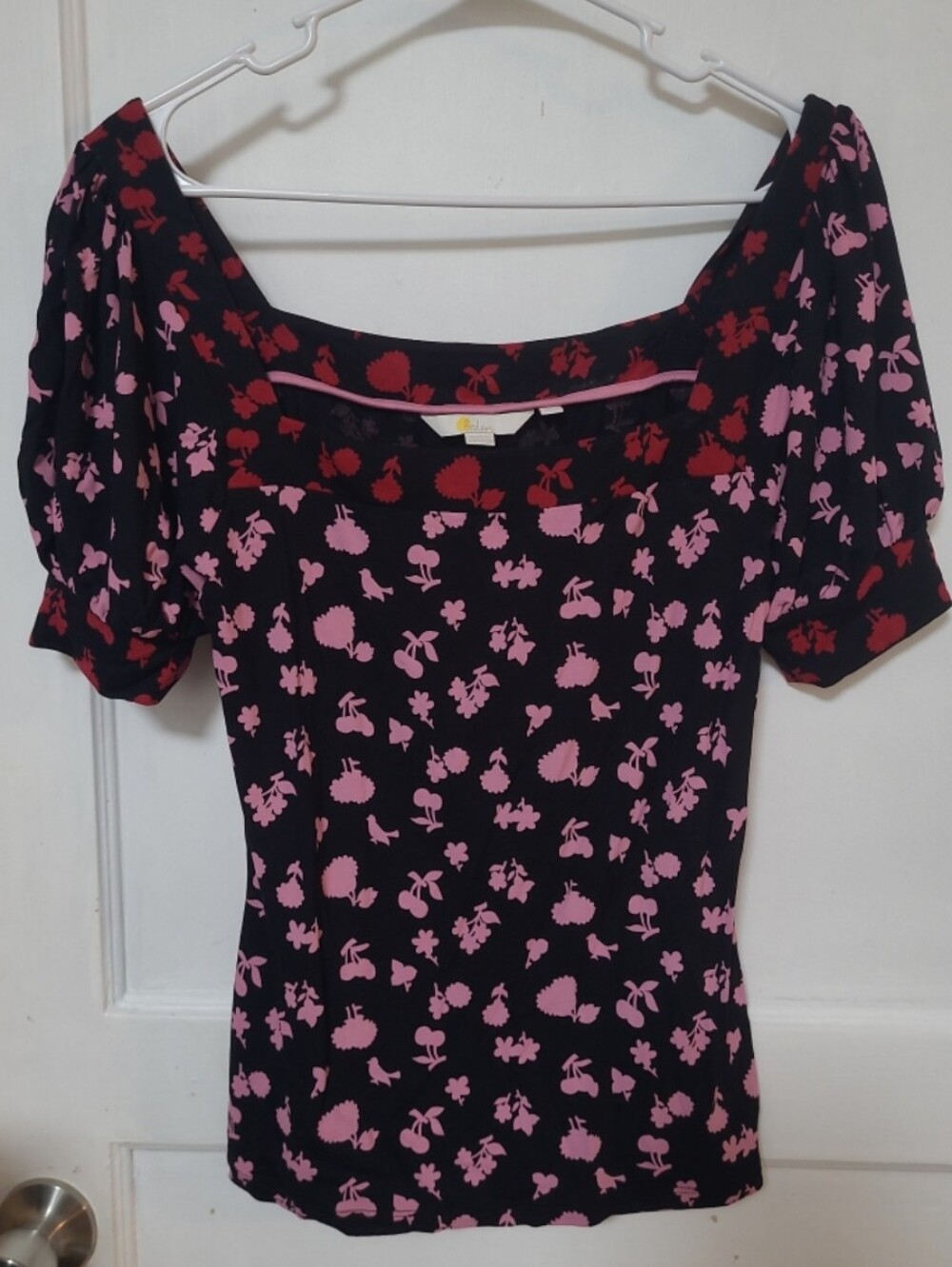 Boden Black Puff-Sleeve Top with Pink & Red Floral Cherries Small 6